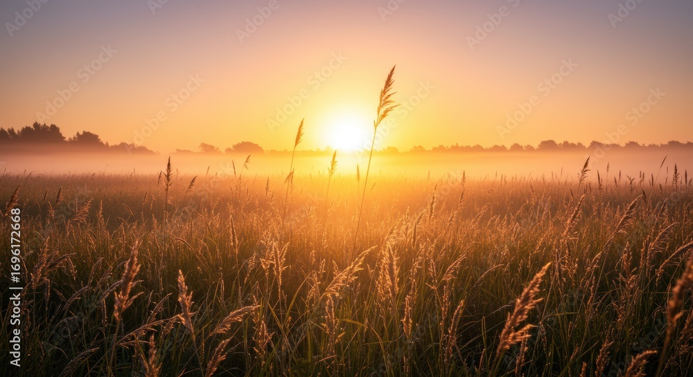 Fototapeta premium Golden sunrise illuminates a vast misty field of tall grass, creating a serene and captivating natural landscape as the new day dawns with warmth and beauty