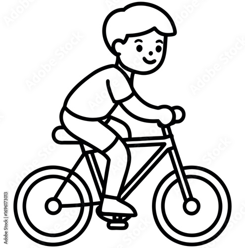 Boy riding a bicycle through a park in black and white