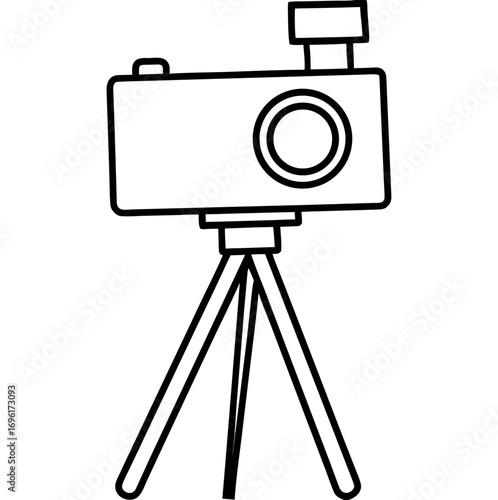 Black and white line art of a camera on a tripod