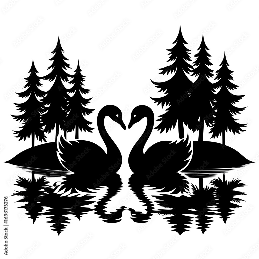 Fototapeta premium Swans on Water Silhouette Vector