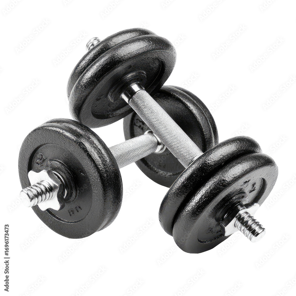 Naklejka premium Pair of black iron dumbbells resting on a white background, showing the metal discs and bar
