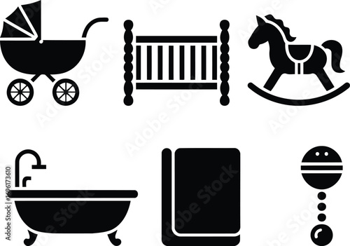Simple Baby Icons Set in Black Color Depicts a Baby Carriage, Crib, Rocking Horse, Bathtub, Diapers and a Baby Rattle