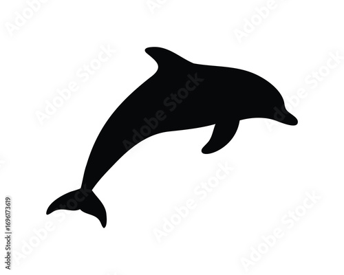Black silhouette of a dolphin jumping out of water on white background
