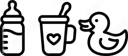 Adorable Baby Essentials Illustration A Charming Collection of a Bottle a Sippy Cup and a Rubber Duckling Ideal for Various Baby Related Projects