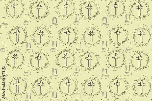 graveyard Vintage engraving style seamless pattern featuring halloween elements haunted mansions and moons, perfect for gothic Halloween fabrics and wallpapers