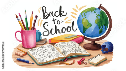 Welcome back to school supplies globe notebook pencils and pens collection