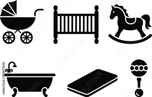 Classic Baby Care Items An Assortment of Timeless Nursery Essentials Illustrated with a Bathtub, Crib, Horse, Rattle, Carriage, and Changing Pad