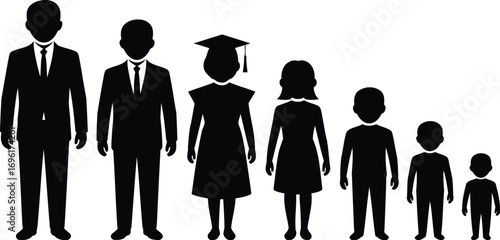 Silhouetted Figures Depicting Diverse Stages of Life from Adulthood to Childhood Graduation and Professionalism Represented in Black and White Graphic Style