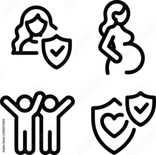 A Collection of Insurance Icons Representing Women's Health, Pregnancy, Family, and Overall Well being with Protective Shields and Positive Symbolism