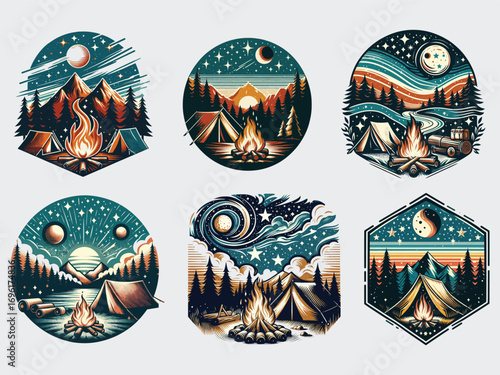 Outdoor adventure camp scene badges with campfires mountains and starry skies set