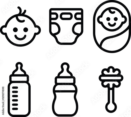 A Collection of Six Baby Icons Depicting Essential Items such as a Happy Baby Diaper Bottle and Rattle for Newborns