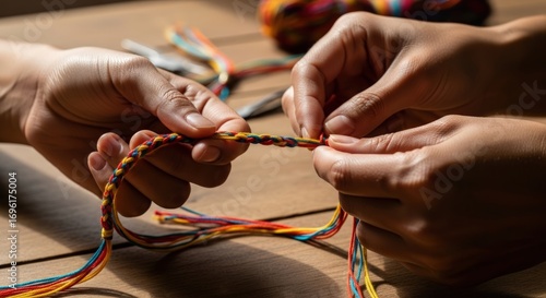 Close-up of hands making a colorful friendship bracelet on a wooden table, DIY craft project