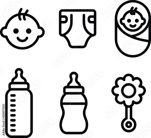 A Collection of Baby Icons Illustrating Essential Infant Care Elements Including Feeding Diapering Swaddling and Entertainment for Graphic Design Needs