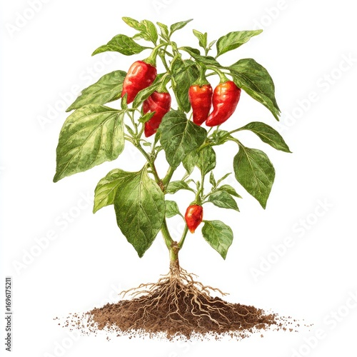 Watercolor chili pepper plant with roots in soil
