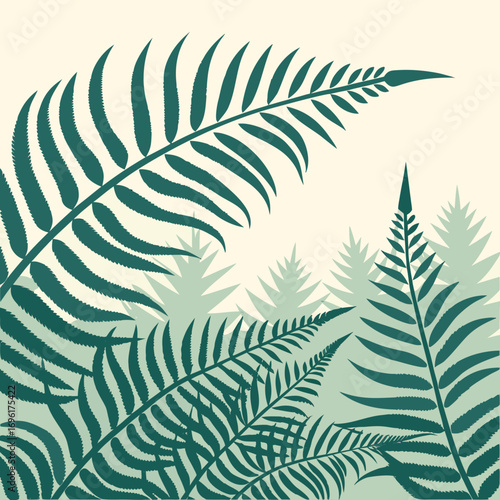 Abstract layered jungle leaves with a vibrant gradient background and subtle textures