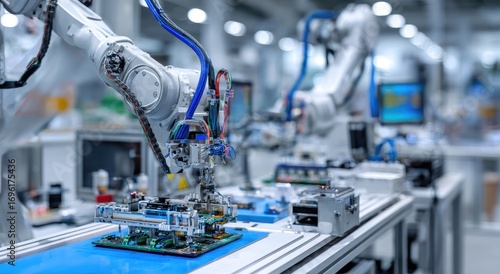 Industrial robots assembling circuit boards in a factory