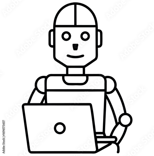 Humanoid robot working on a laptop computer with futuristic technology elements