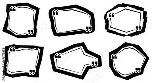 A set of six edgy and abstract quote box templates with a bold grunge, collage-style effect. Vector illustrations for testimonials or social media posts.