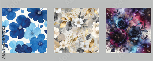 Triptych of abstract floral patterns in blue green pink and purple hues