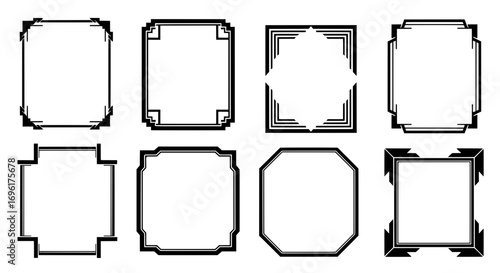 Set of eight elegant black Art Deco frames and borders. Vintage geometric design elements from the 1920s for invitations, certificates, or labels.