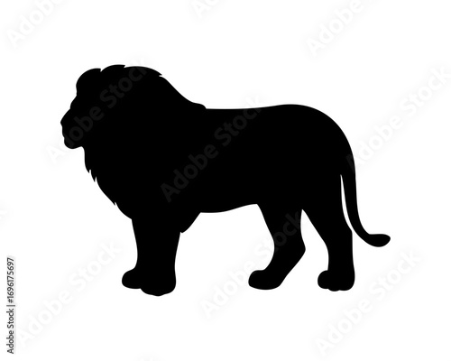 Black silhouette of a majestic lion standing on a white background