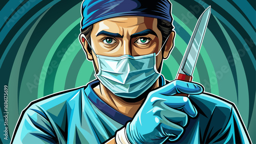 Close-up portrait of male surgeon holding scalpel with gloves. Isolated background highlights precision, focus, and medical expertise.