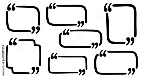 Set of eight hand-drawn quote box templates. Simple, minimalist doodle frames with quotation marks for testimonials, reviews, or social media posts.