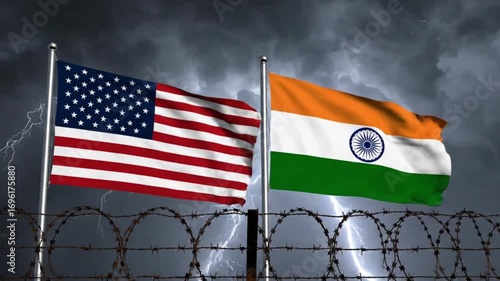 The deteriorating relationship between the usa and india symbolized by a stormy sky and barbed wire representing political conflict and a growing international trade dispute crisis