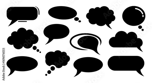 A diverse collection of twelve black silhouette speech and thought bubble icons. Isolated vector shapes for chat, comics, comments, and dialogue concepts.