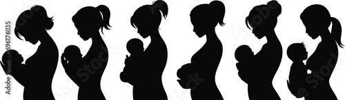 Silhouetted Journey Through Motherhood A Symbolic Black and White Illustration of Pregnancy and Early Childhood Stages Representing Maternal Care and Love