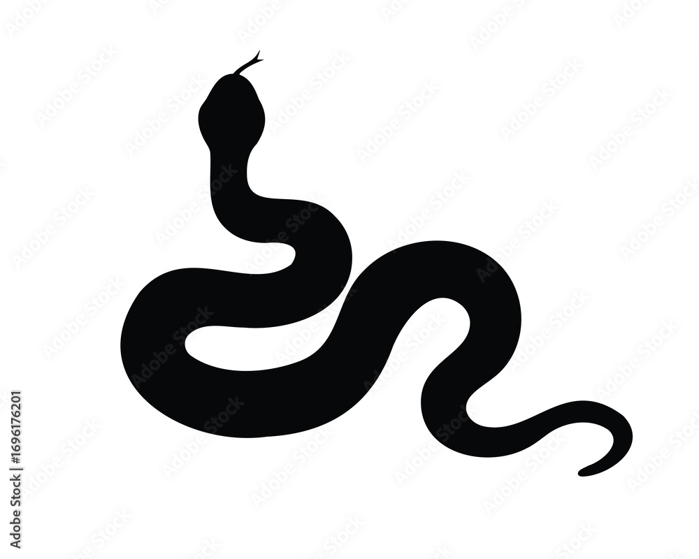 Fototapeta premium Sinuous Black Snake Silhouette on White Background with Raised Head and Tongue