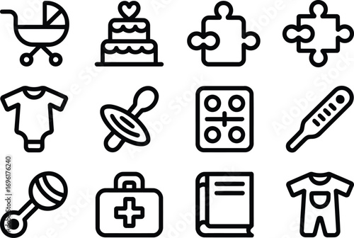 Collection of Baby Essentials and Childhood Related Items, Including a Stroller, Cake, Toys, Clothing, Medicine, and a Book