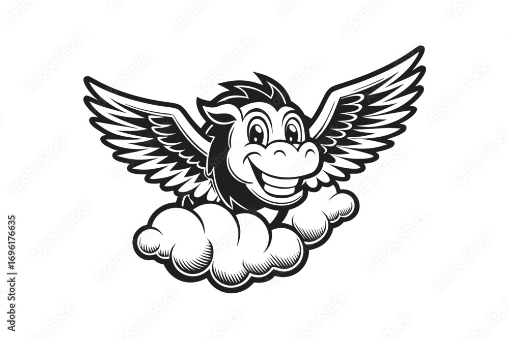 Obraz premium Cartoon Pegasus Mascot on Cloud, Wings Spread, Happy Expression,