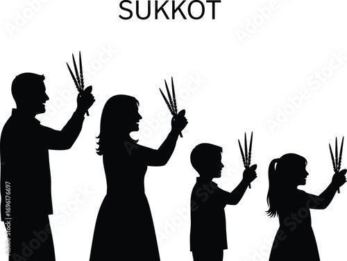 Silhouette of a family celebrating sukkot, holding lulav and etrog
