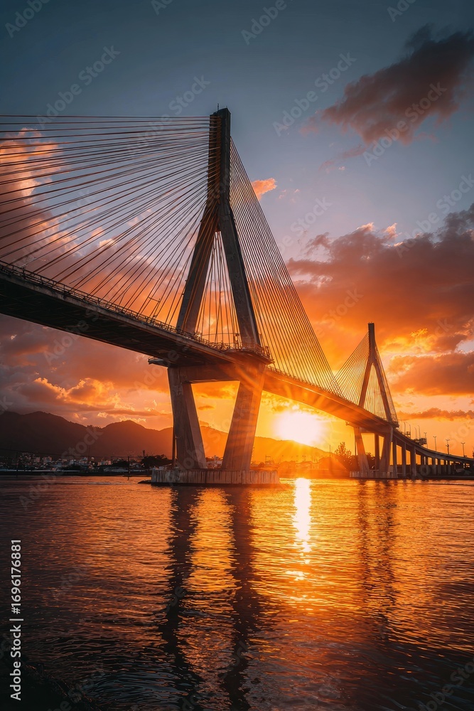 Obraz premium A cable-stayed bridge at sunset over water