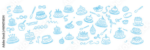 Hand Drawn Vintage Festive Holiday Dessert Buffet Illustration with Cakes Tarts Cupcakes Ribbons Plates