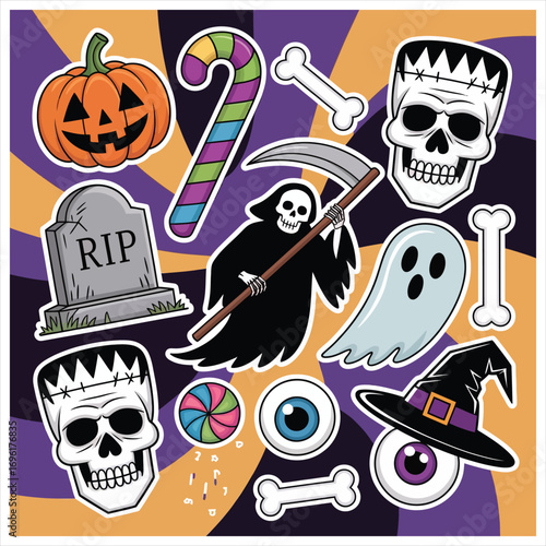 Halloween sticker pack spooky fun assortment ghost pumpkin grim reaper skulls and treats