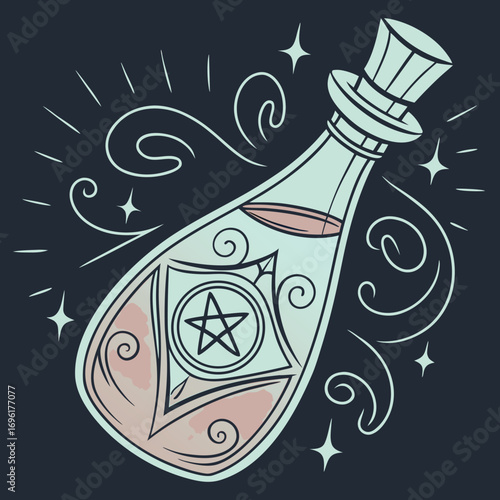 Abstract glowing magical elixir bottle design with vibrant colors and a mystical aura