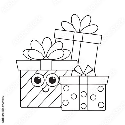 Stack of cartoon gift boxes with faces and bows presents smiling