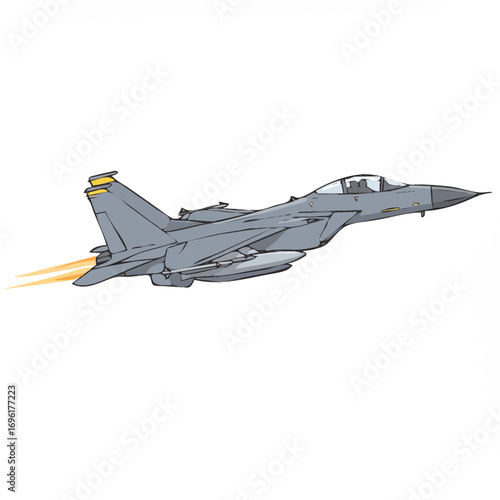 Fighter Jet Illustration in Flight Against White Background, Military Aircraft