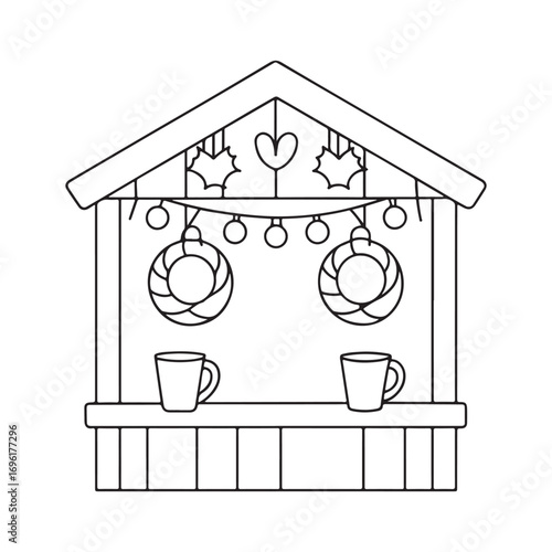 Black and white illustration of a festive market stall with mugs and decorations kiosk booth