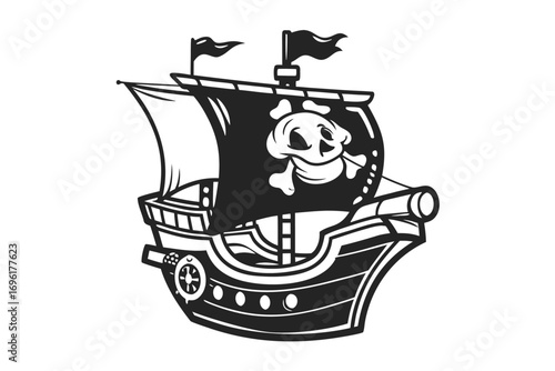 Cartoon Pirate Ship with Skull and Crossbones Flag on White Background