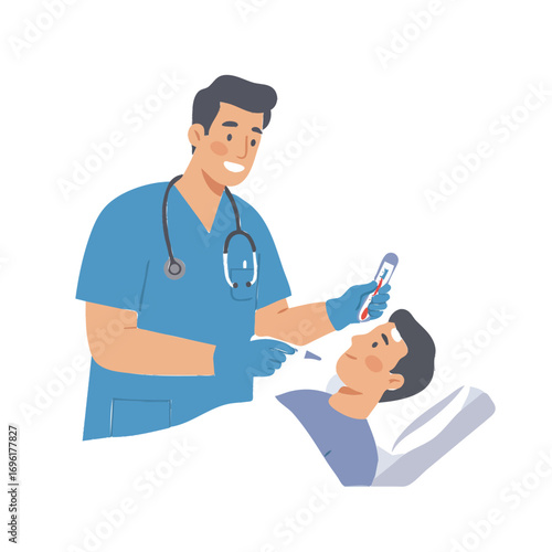 Doctor checking patient's temperature with thermometer in hospital illustration