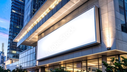 Low-angle view of a modern building with a blank illuminated screen on its facade. The sky glows with a hint of blue. The contemporary architecture is enhanced by surrounding city