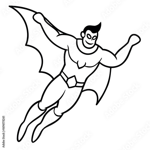 Black and white superhero in flight against a sky backdrop