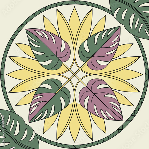 Abstract circular arrangement of vibrant tropical leaves in a modern stylized design