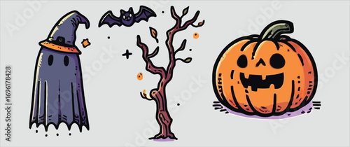 Whimsical halloween collection features spooky witch ghost tree bats and jack-o-lantern