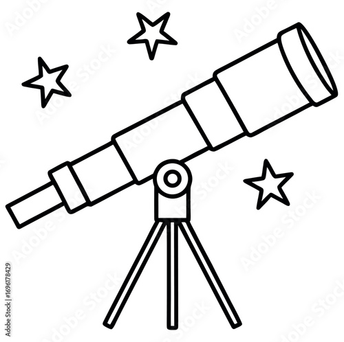 Black and white illustration of a telescope pointing towards the starry night sky