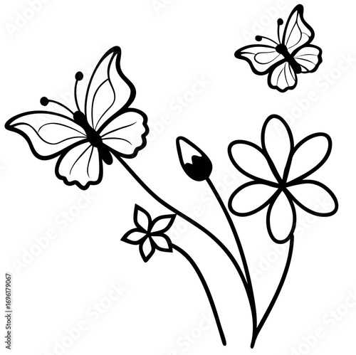 Elegant black and white butterflies fluttering around delicate flowers