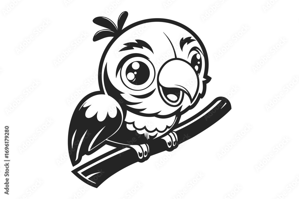 Obraz premium Cartoon Style Parrot on Branch with White Background